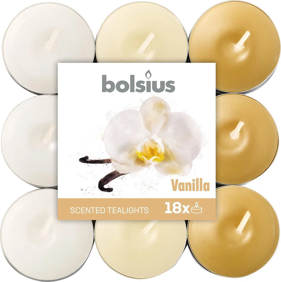 Bolsius Geurkaarsen Theelicht Vanilla Bruin/wit 18 Stuks - 3 Verpakkingen Van Elk 18 Stuks 2 Bolsius Geurkaarsen Theelicht Vanilla Bruin/wit 18 Stuks - 3 Verpakkingen Van Elk 18 Stuks - Afbeelding 2