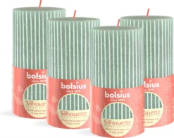 Bolsius - Rustieke Kaars - 4 Stuks - Licht Groen Met Print - 13cm
