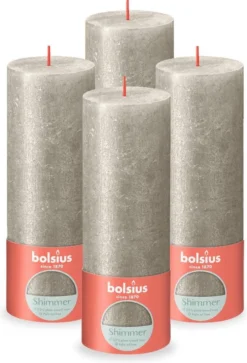 Bolsius - Rustieke Kaars Shimmer - 4 Stuks - Metallic - Champagne Zilver - 19cm