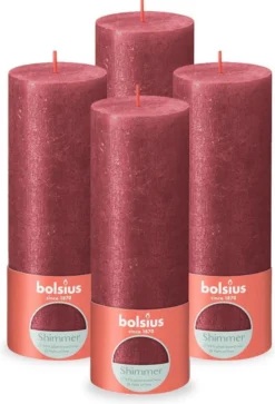 Bolsius - Rustieke Kaars Shimmer - 4 Stuks - Metallic - Rood – 19cm