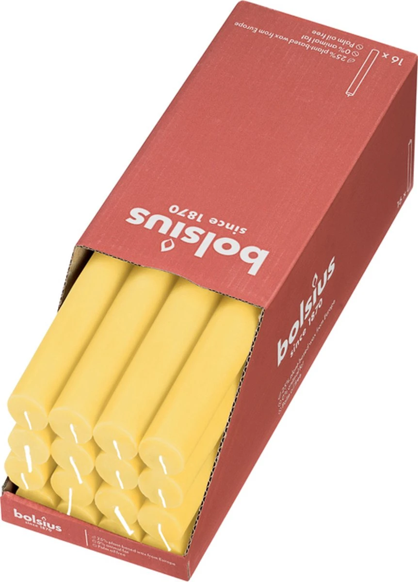 Bolsius - 16 Dinerkaarsen Rustiek - Licht Geel - Paasdecoratie 1 Bolsius - 16 Dinerkaarsen Rustiek - Licht Geel - Paasdecoratie