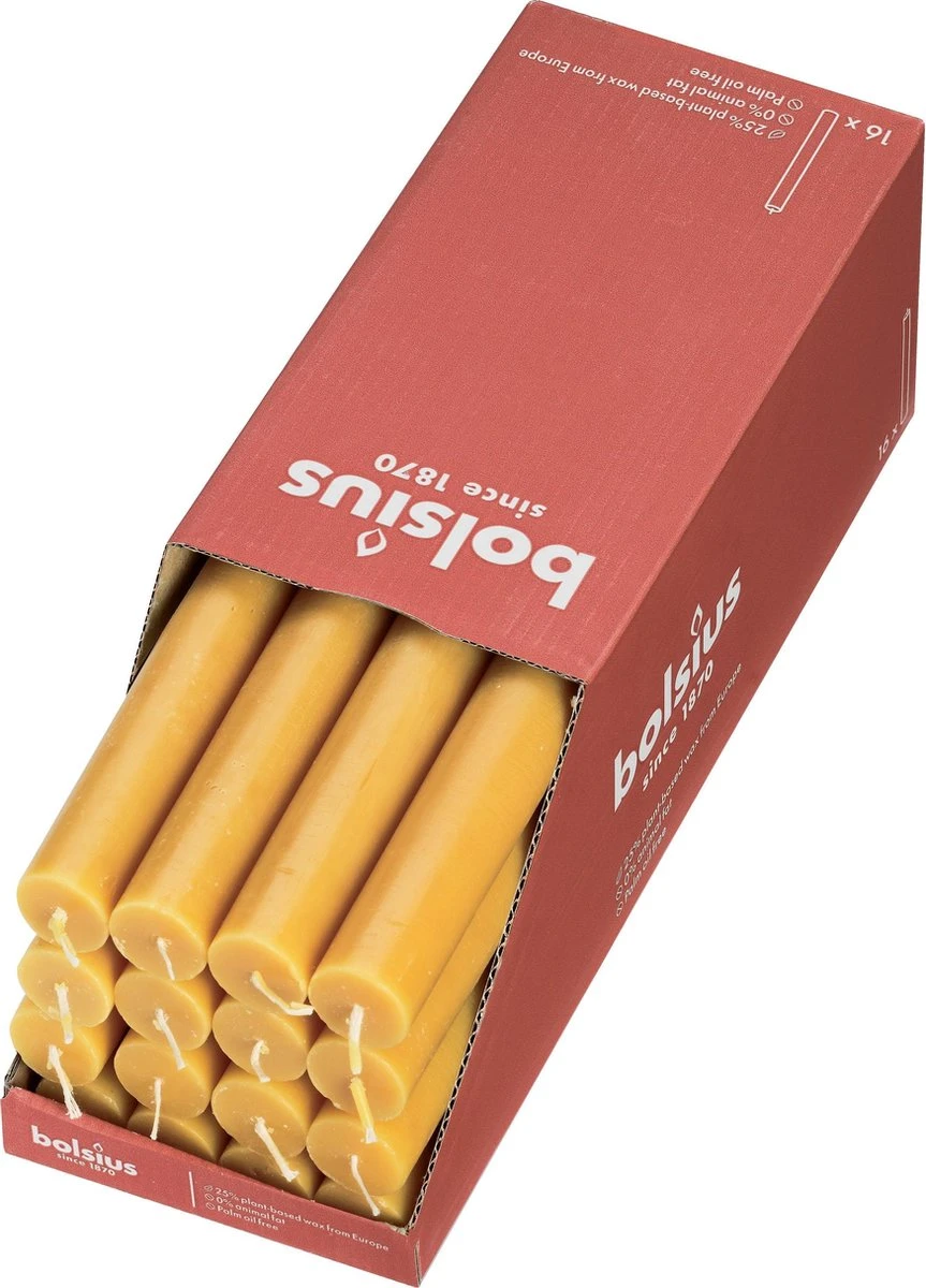 Bolsius - 16 Dinerkaarsen Rustiek - Geel - Paasdecoratie 1 Bolsius - 16 Dinerkaarsen Rustiek - Geel - Paasdecoratie