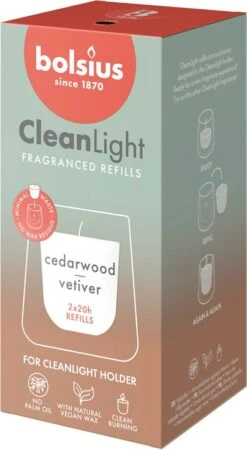 Bolsius Geurkaars CleanLight Navulling Cedarwood & Vetiver 20 Uur D 5,5 H 11,6 Cm 2 Stuks
