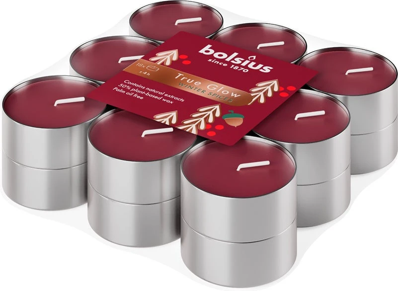 Bolsius Geurwaxinelichten True Glow Winter Spices Rood 4 Uur 11,5 X 11,5 X 3,1 Cm 18 Stuks 2 Bolsius Geurwaxinelichten True Glow Winter Spices Rood 4 Uur 11,5 X 11,5 X 3,1 Cm 18 Stuks - Afbeelding 2
